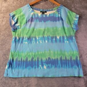 Lauren Ralph Lauren‎ Womens 2X Tie Dye Cotton Tee Blue Green Casual Resortwear